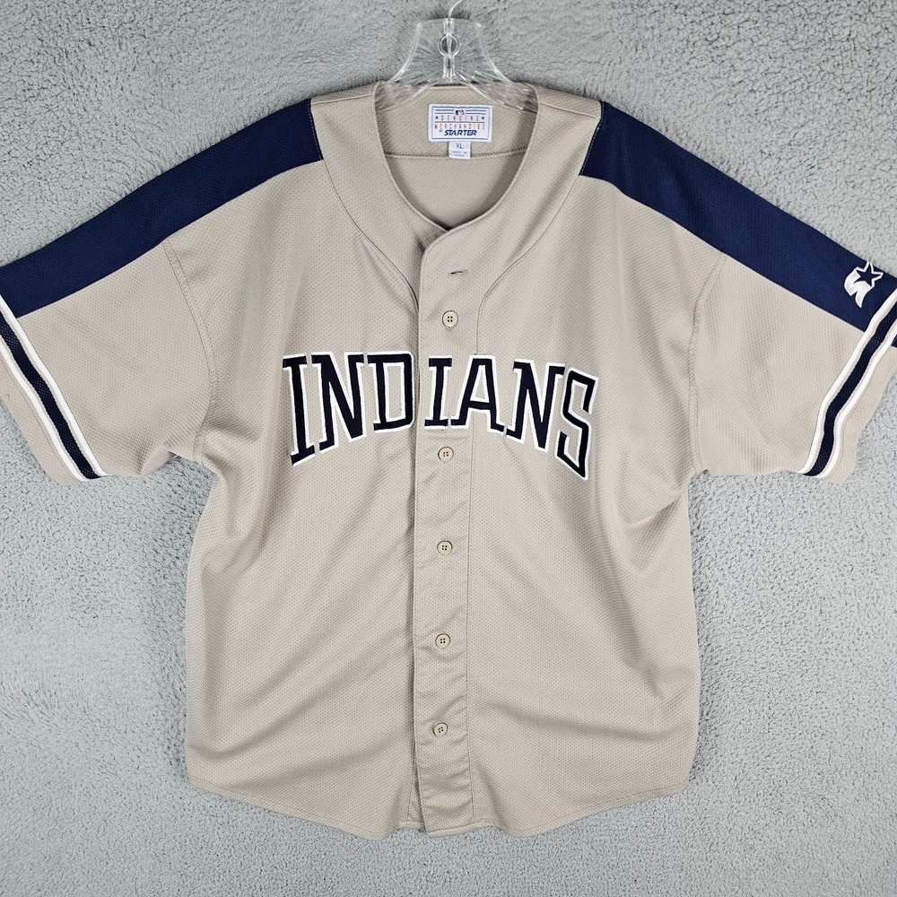Cleveland Indians Jersey Mens XL Beige Button Front Starter MLB Baseball Sports‎